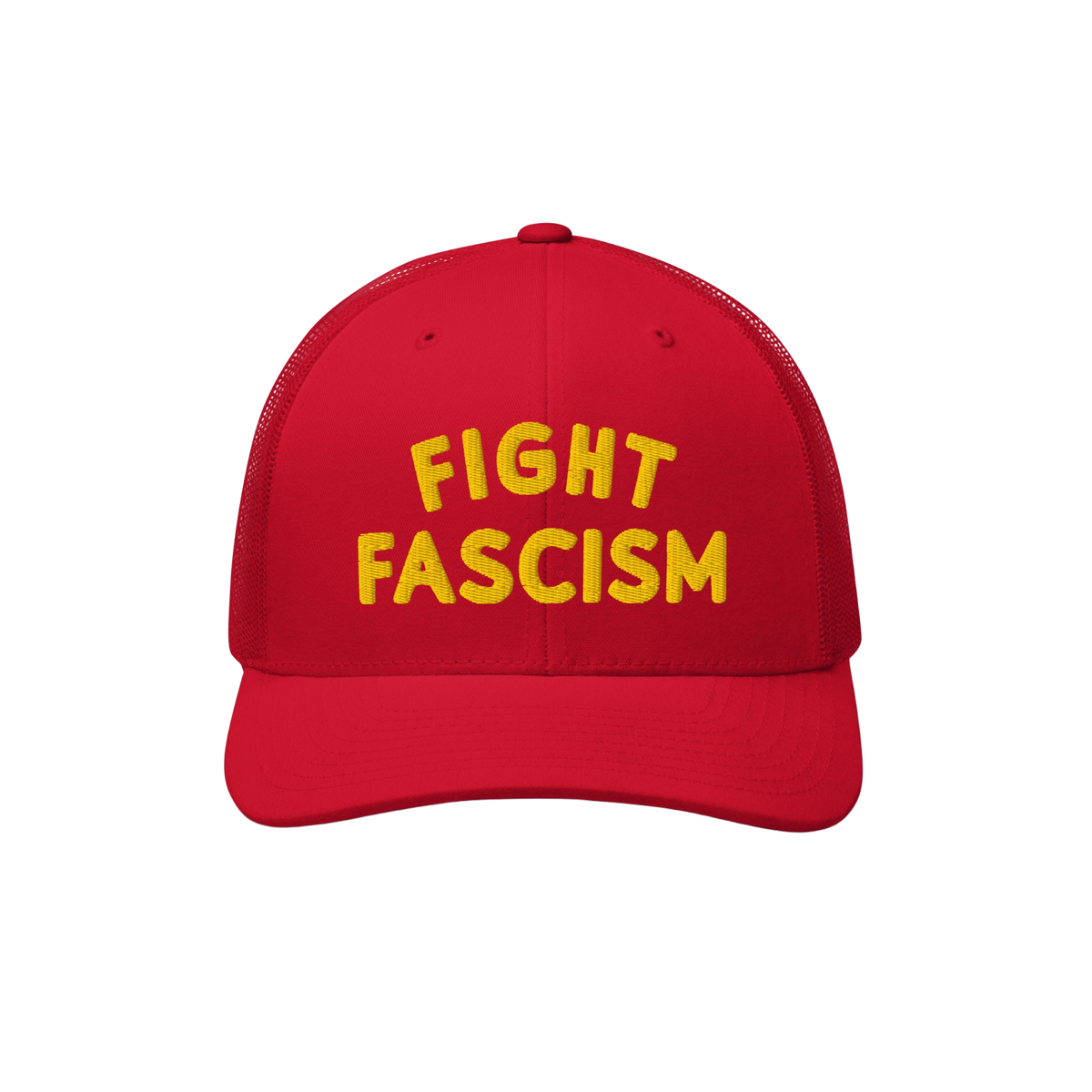 Red mesh-back trucker cap with bold yellow FIGHT FASCISM embroidery on the front, embodying a strong anti-fascist message for
