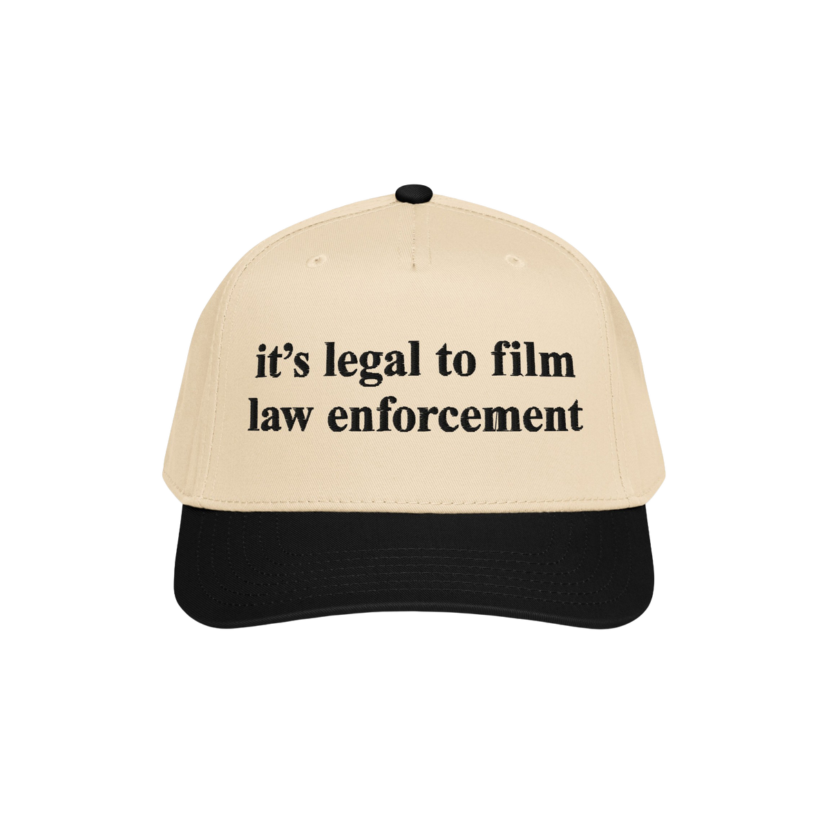 Film The Police Hat featuring a light tan front and black bill, boldly stating “it’s legal to film law enforcement.” A 
