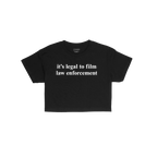 The Film The Police Women's Baby Tee features bold white text advocating for legal rights on a black T-shirt, embodying activ