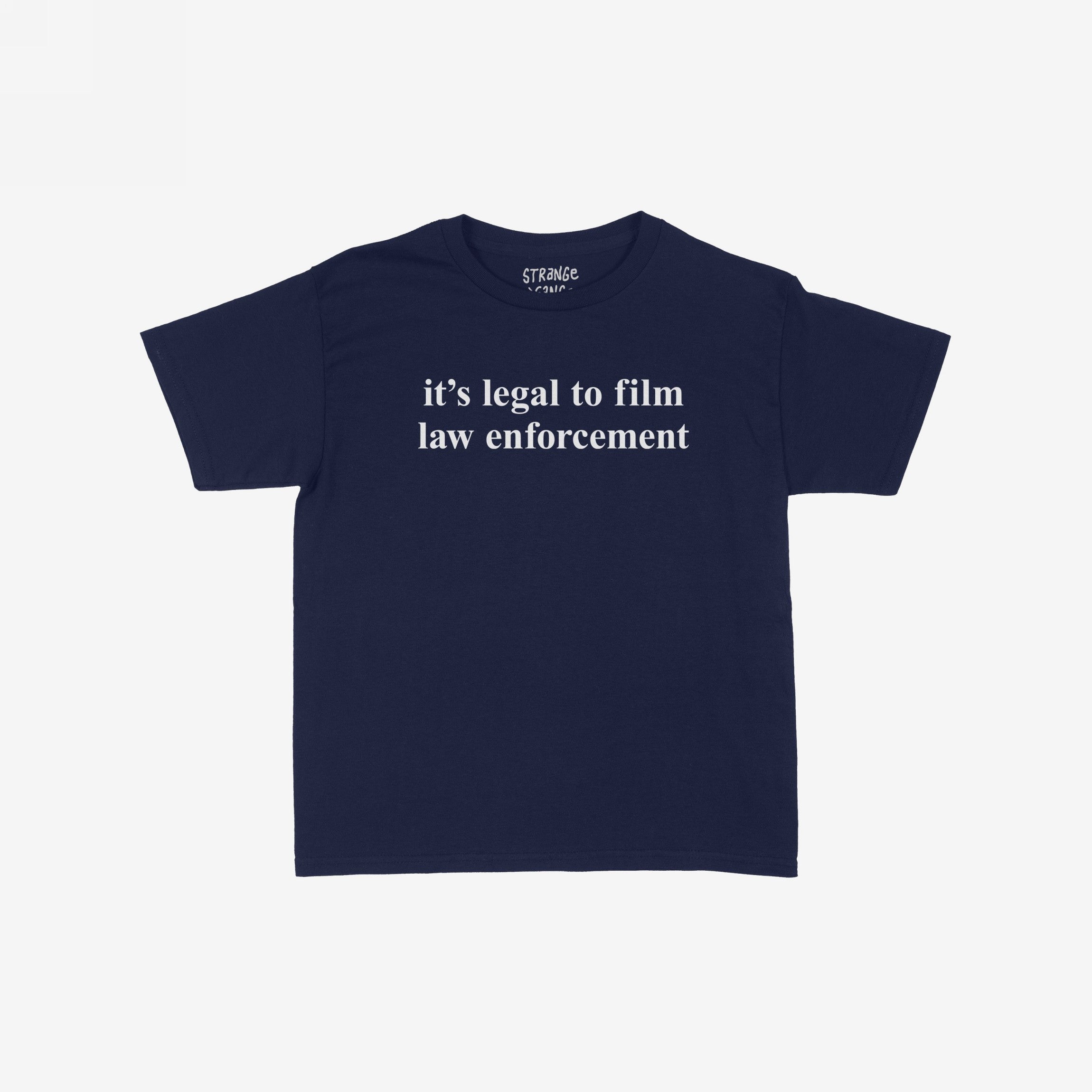 Film The Police Women's Baby Tee in dark-navy, featuring “it’s legal to film law enforcement” in white text. This cropped tee promotes police accountability, aligning with equality and rights advocacy.
