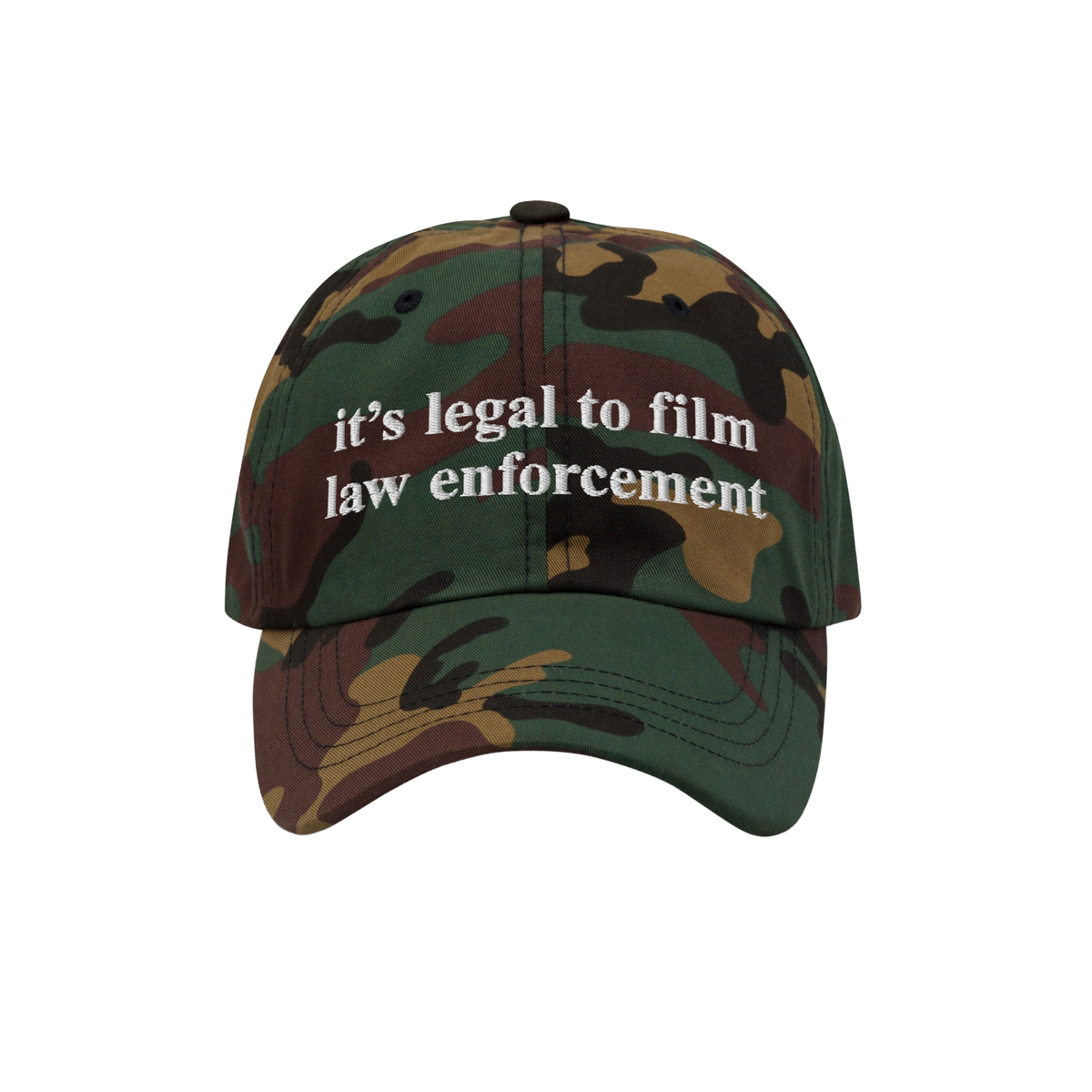 Camouflage-pattern baseball cap with white it’s legal to film law enforcement embroidery. The Film The Police Hat emphasize