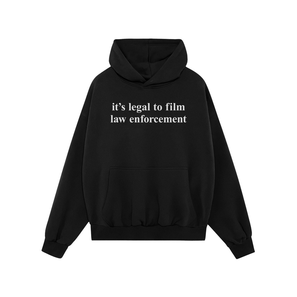 Black pullover Film The Police Hoodie with kangaroo pocket and drawstring hood, featuring bold white text stating it's legal 