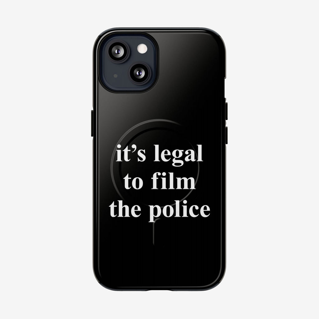 Film The Police iPhone Tough MagSafe Case features a bold white slogan emphasizing police accountability. Designed for iPhone models 13-17 Pro Max, it supports MagSafe charging, ideal for rights-conscious individuals.