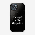 Film The Police iPhone Tough MagSafe Case showcases a bold message on a glossy black cover, emphasizing legal rights to document police actions. Designed for iPhone 13-17 Pro Max, it supports MagSafe charging.