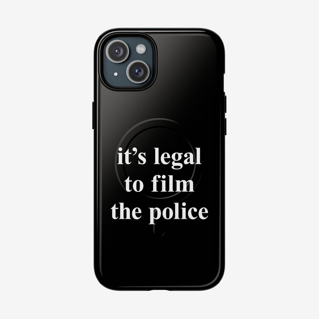 Film The Police iPhone Tough MagSafe Case showcases a bold message, it's legal to film the police, highlighting accountability. Fits iPhone 13-17 Pro Max, supports MagSafe charging.