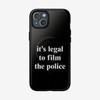 Film The Police iPhone Tough MagSafe Case showcases a bold message, it's legal to film the police, highlighting accountability. Fits iPhone 13-17 Pro Max, supports MagSafe charging.