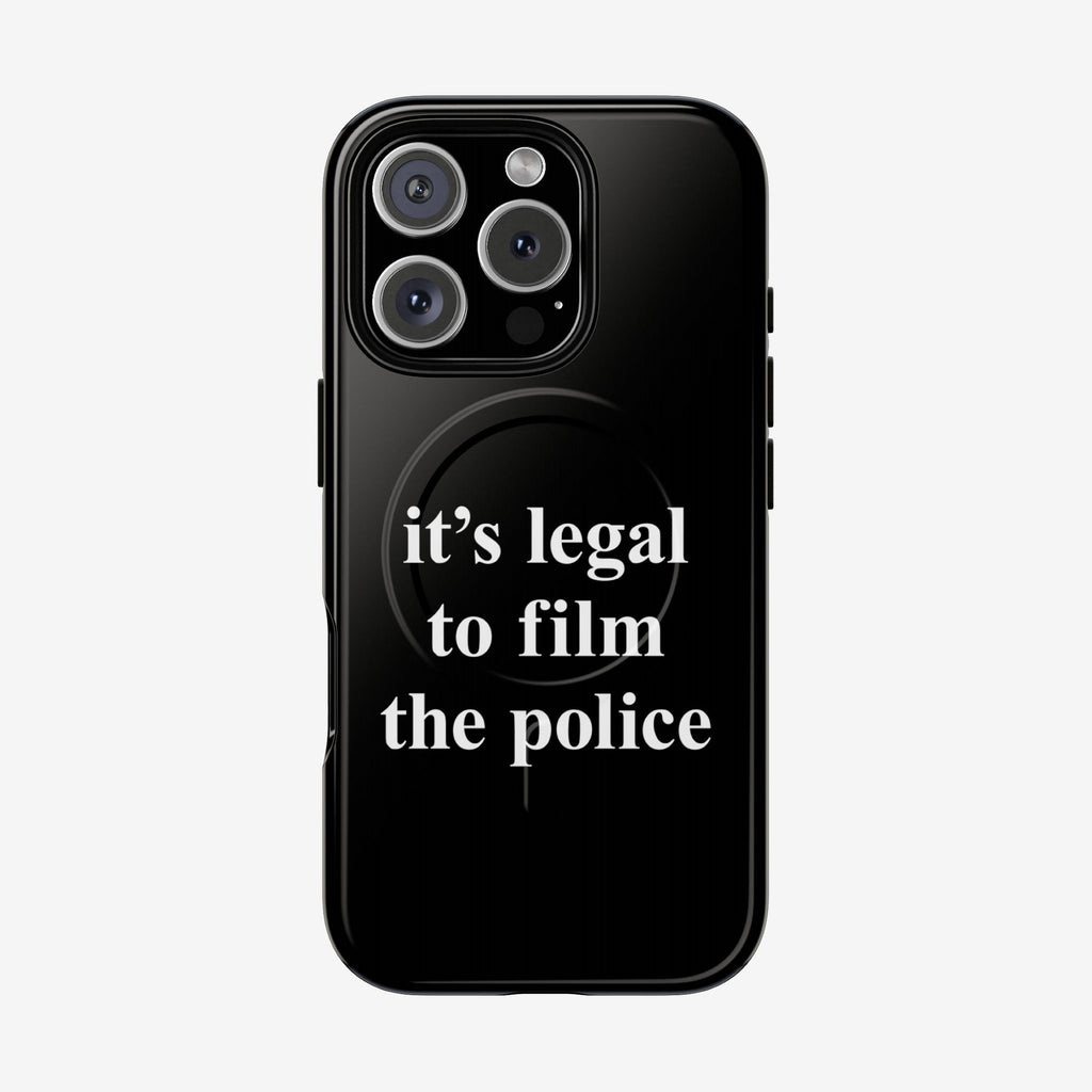 Film The Police iPhone Tough MagSafe Case features a bold slogan, It’s legal to film the police, emphasizing accountability. Designed for iPhone 13-17 Pro Max, it supports MagSafe charging.