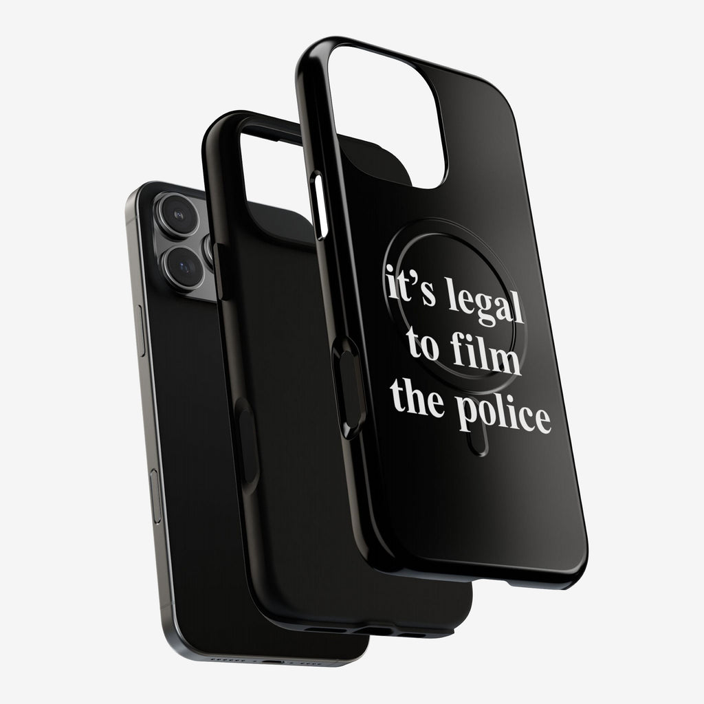 Film The Police iPhone Tough MagSafe Case with built-in ring grip, featuring 'It's legal to film the police' slogan. Supports iPhone 13-17 Pro Max. Ideal for advocates of accountability and rights.