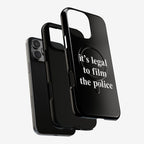 Film The Police iPhone Tough MagSafe Case with built-in ring grip, featuring 'It's legal to film the police' slogan. Supports iPhone 13-17 Pro Max. Ideal for advocates of accountability and rights.