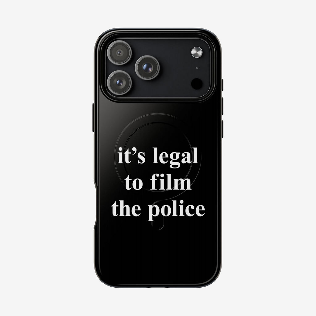 Film The Police iPhone Tough MagSafe Case: A black case for iPhone 13-17 Pro Max featuring a bold message in white serif type, promoting police accountability and rights awareness. Supports MagSafe charging.
