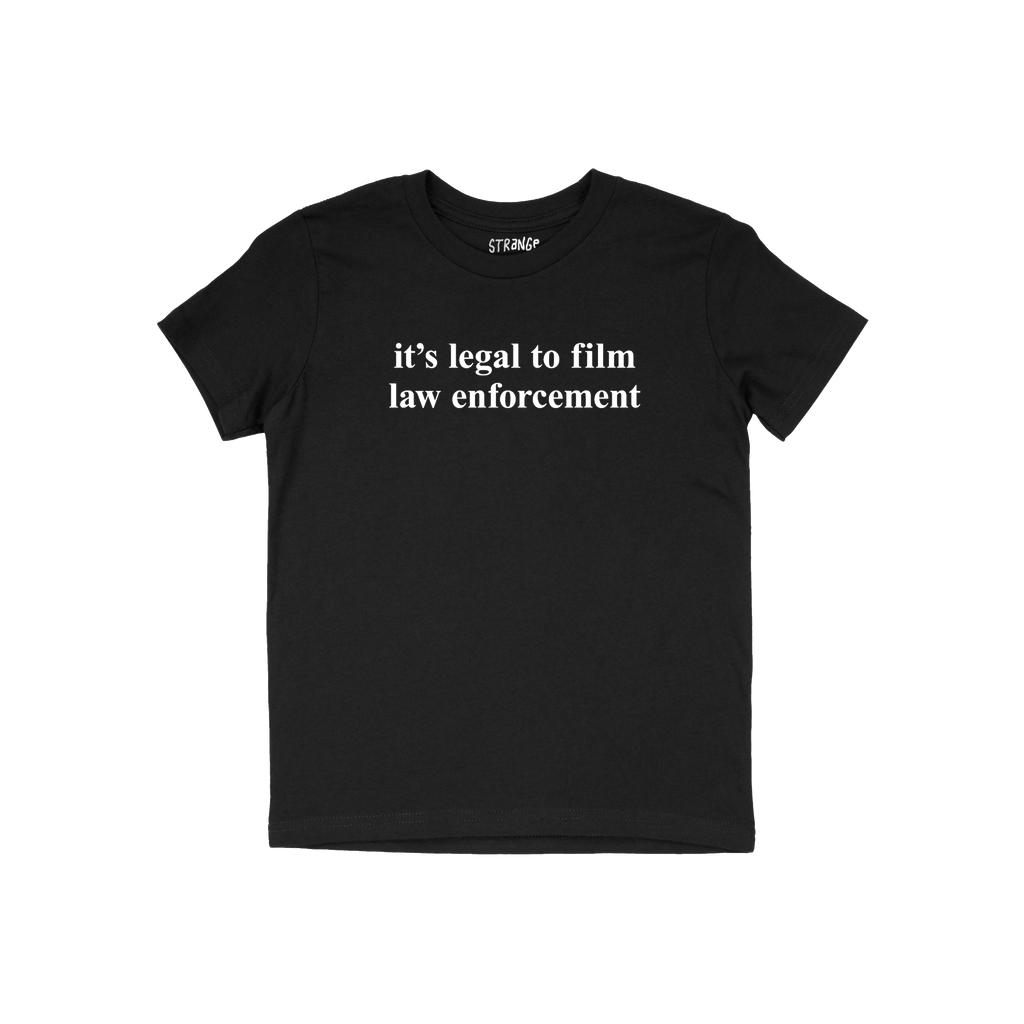 Film The Police T-shirt features bold white text, it's legal to film law enforcement, on a plain black tee, embodying protest