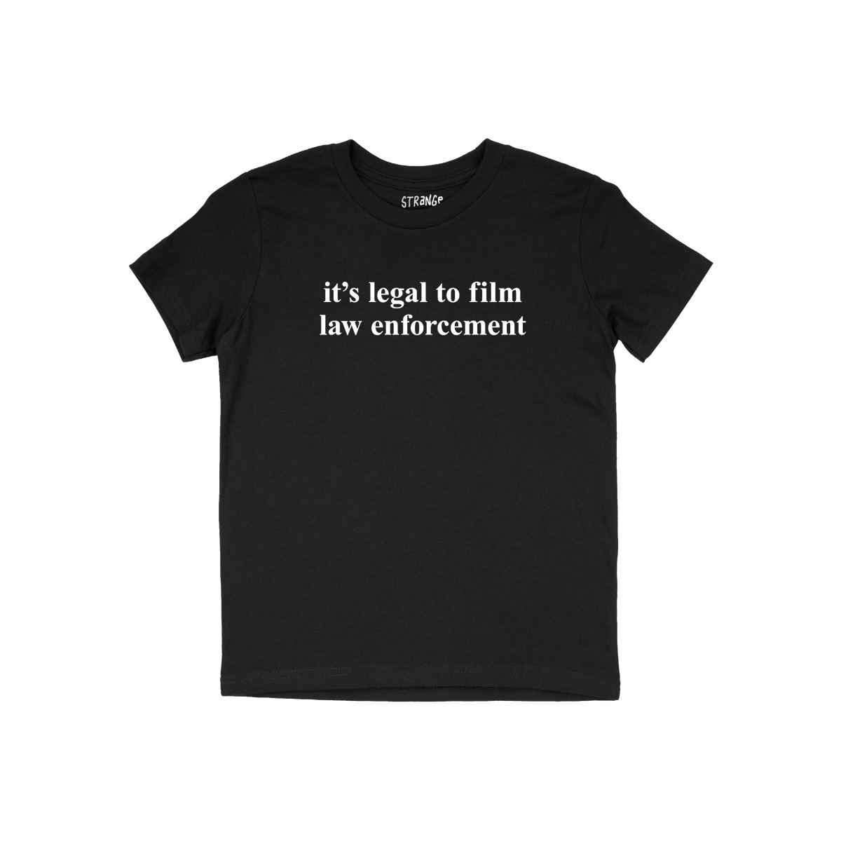 Film The Police T-shirt features bold white text, it's legal to film law enforcement, on a plain black tee, embodying protest
