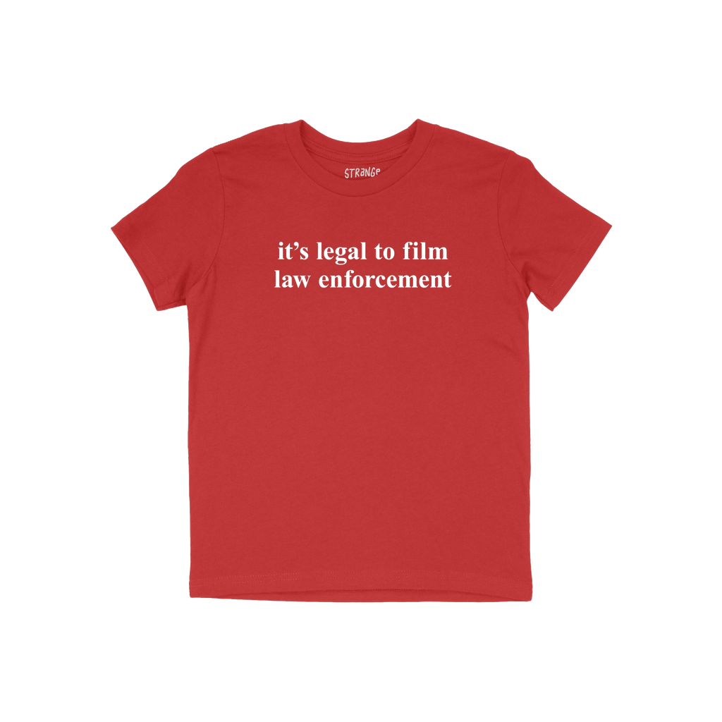 Red Film The Police T-shirt with white serif text, it's legal to film law enforcement, on front. Slightly slim fit, emphasizi