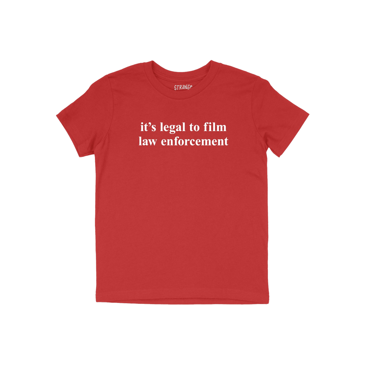 Red Film The Police T-shirt with white serif text, it's legal to film law enforcement, on front. Slightly slim fit, emphasizi