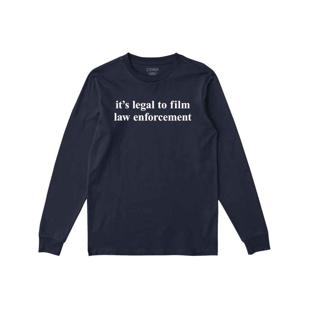 Film The Police T-shirt in dark navy, featuring a white serif message, it’s legal to film law enforcement, on the front, em