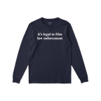 Film The Police T-shirt in dark navy, featuring a white serif message, it’s legal to film law enforcement, on the front, em