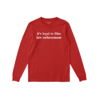 Red long-sleeve Film The Police T-shirt featuring it's legal to film law enforcement text on chest; label visible in neckline