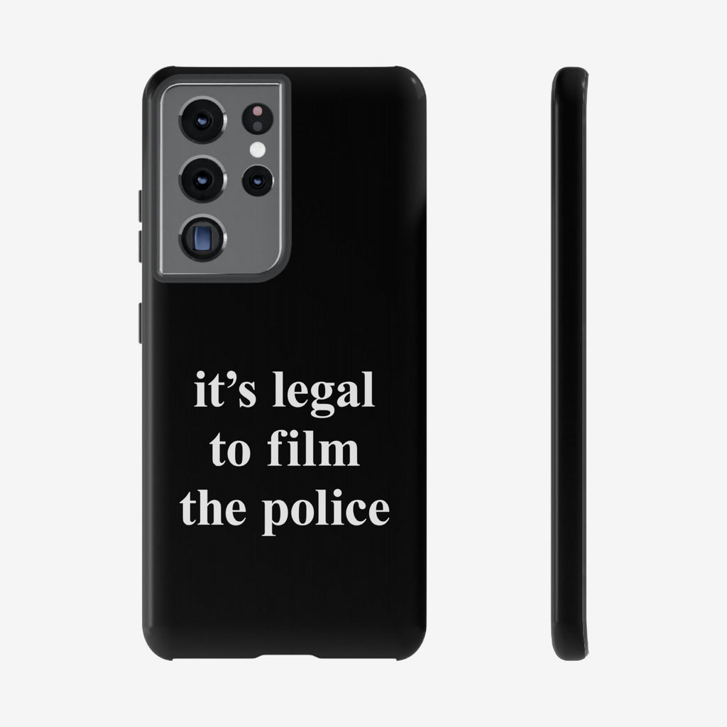 Film The Police Samsung Tough Phone Case features a bold slogan, “it’s legal to film the police,” designed for Samsung Galaxy S21-S25 Ultra. Ideal for everyday use, protests, and wireless charging.