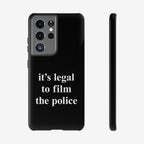 Film The Police Samsung Tough Phone Case features a bold slogan, “it’s legal to film the police,” designed for Samsung Galaxy S21-S25 Ultra. Ideal for everyday use, protests, and wireless charging.