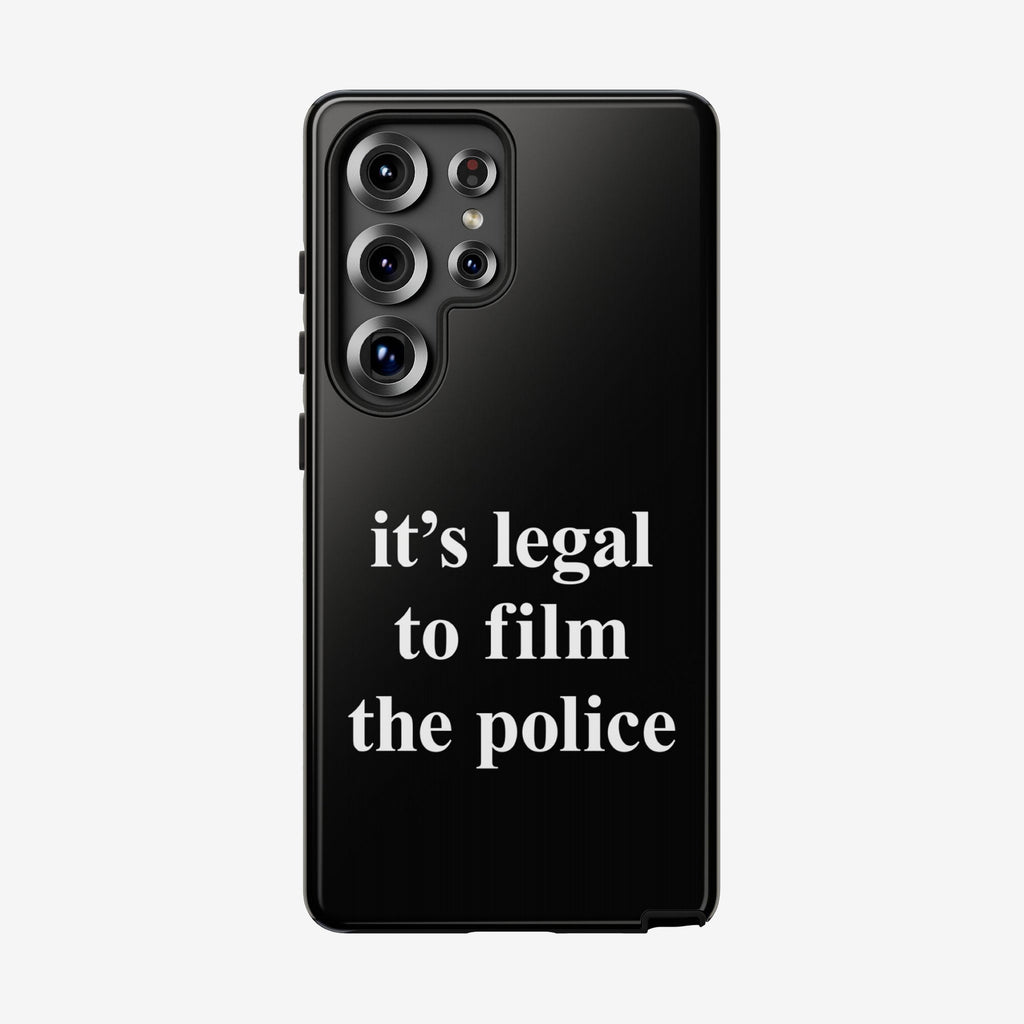 Film The Police Samsung Tough Phone Case features a bold statement, “it’s legal to film the police,” above five camera lenses, blending functionality with a message of activism and social justice.