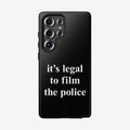 Film The Police Samsung Tough Phone Case features a bold statement, “it’s legal to film the police,” above five camera lenses, blending functionality with a message of activism and social justice.