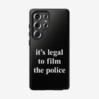 Film The Police Samsung Tough Phone Case features a bold statement, “it’s legal to film the police,” above five camera lenses, blending functionality with a message of activism and social justice.