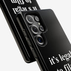 Film The Police Samsung Tough Phone Case showcasing a precise camera cutout for four lenses, side buttons, and bold white text, it's legal to film, on a sleek black protective cover.