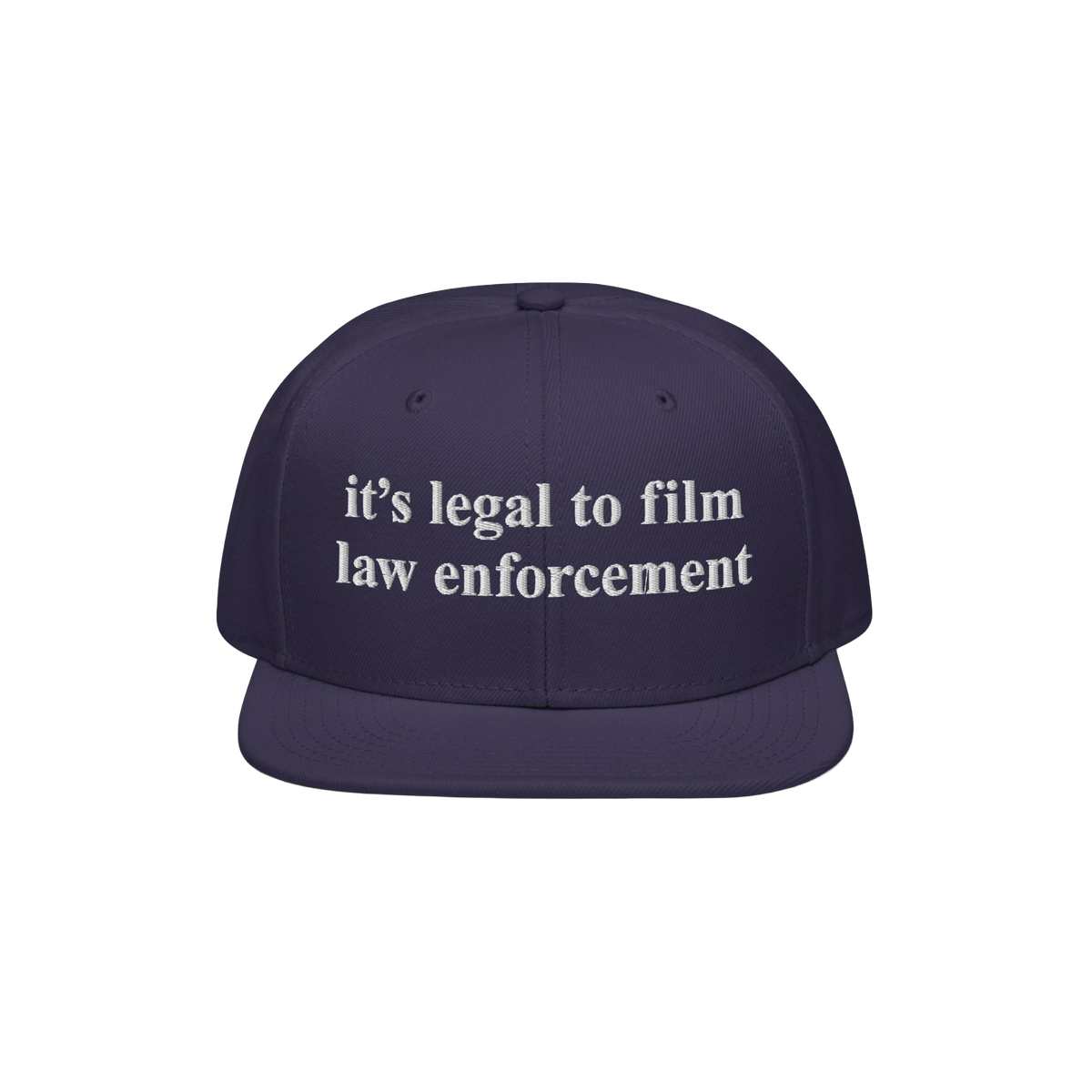 Film The Police Hat features a dark-blue, flat-brimmed design with white embroidered text stating it’s legal to film law en