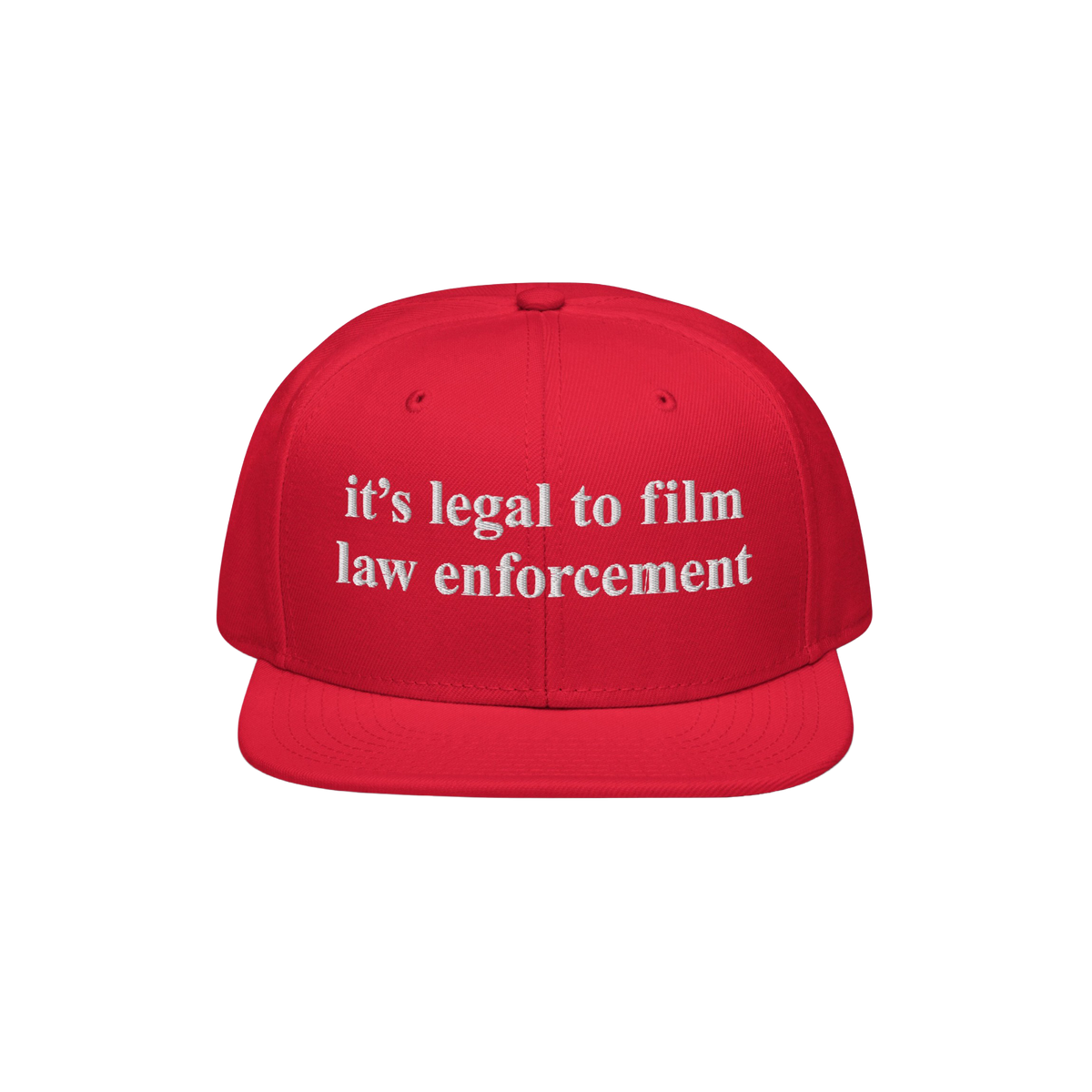 Film The Police Hat with a bright red, flat-brimmed design features white embroidered text stating it’s legal to film law e