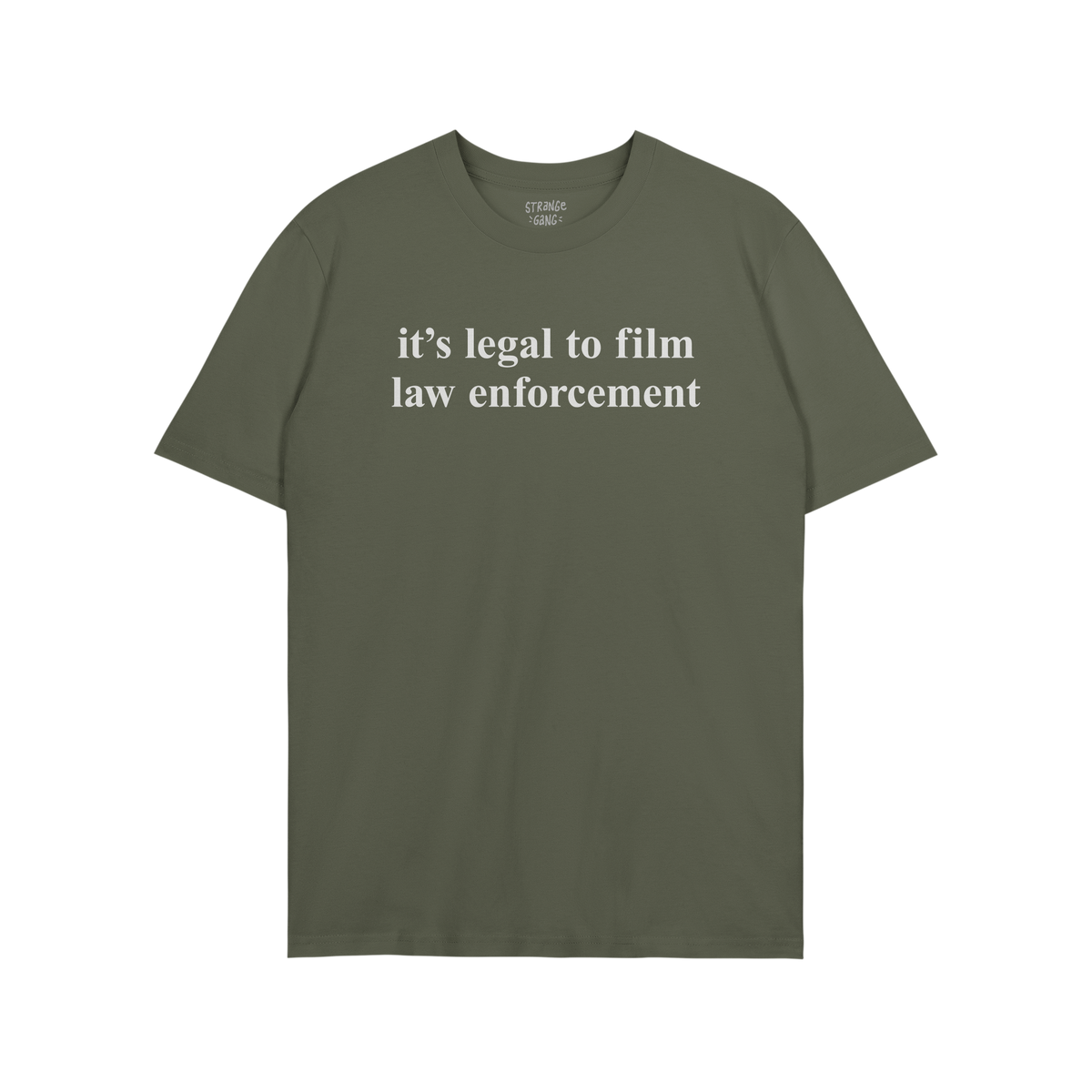 Olive-green Film The Police T-shirt, featuring “it’s legal to film law enforcement” in white serif text on front, embod