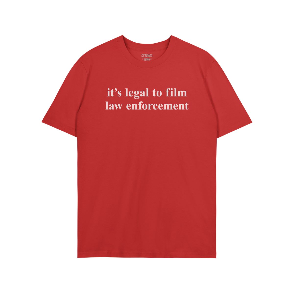 Film The Police T-shirt featuring bold white text stating it's legal to film law enforcement on a plain red background, embod