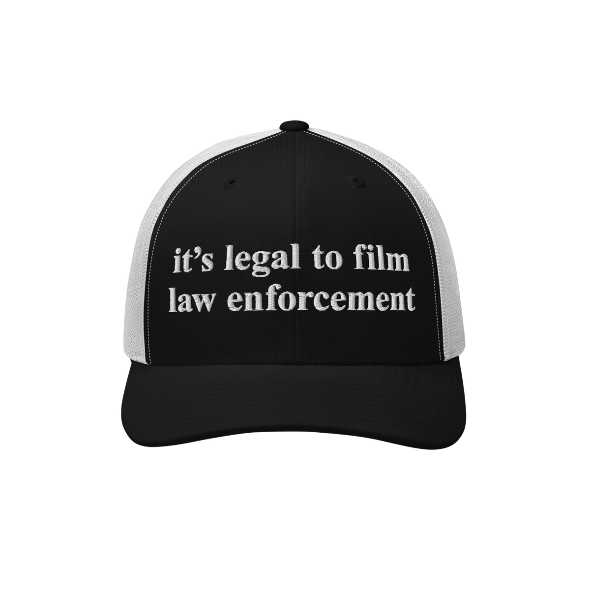 Film The Police Hat: Black-and-white trucker cap with it’s legal to film law enforcement embroidered on the front, symboliz