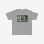 Flowers Women's Baby Tee featuring STOP AND SMELL THE FLOWERS text with three cannabis plant photos, capturing a playful blend of self-care and botanical appreciation. Ideal for enthusiasts embracing nature's calming elements.