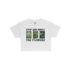 Flowers Women's Baby Tee featuring STOP AND SMELL THE FLOWERS text with three cannabis plant photos, capturing a playful blen
