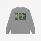 The Flowers T-shirt features a heather-gray, long-sleeve design with STOP AND SMELL THE FLOWERS and cannabis plant photos, blending humor and rebellion for those who appreciate herb culture.