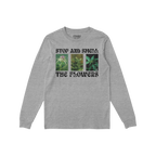 The Flowers T-shirt features a heather-gray, long-sleeve design with STOP AND SMELL THE FLOWERS and cannabis plant photos, bl