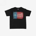 For The Wealthy Women's Baby Tee displays a tattered U.S. flag graphic with the phrase Of the wealthy, by the wealthy, for the wealthy, embodying a bold, socially conscious statement.
