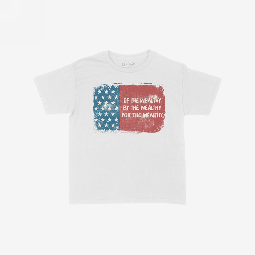For The Wealthy Women's Baby Tee features a distressed American flag graphic with Of the wealthy, by the wealthy, for the wealthy text, embodying a bold, thought-provoking statement.