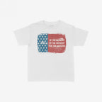 For The Wealthy Women's Baby Tee features a distressed American flag graphic with Of the wealthy, by the wealthy, for the wealthy text, embodying a bold, thought-provoking statement.