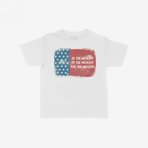 For The Wealthy Women's Baby Tee features a distressed American flag graphic with Of the wealthy, by the wealthy, for the wealthy text, embodying a bold, thought-provoking statement.
