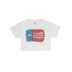 For The Wealthy Women's Baby Tee features a distressed American flag graphic with Of the wealthy, by the wealthy, for the wea