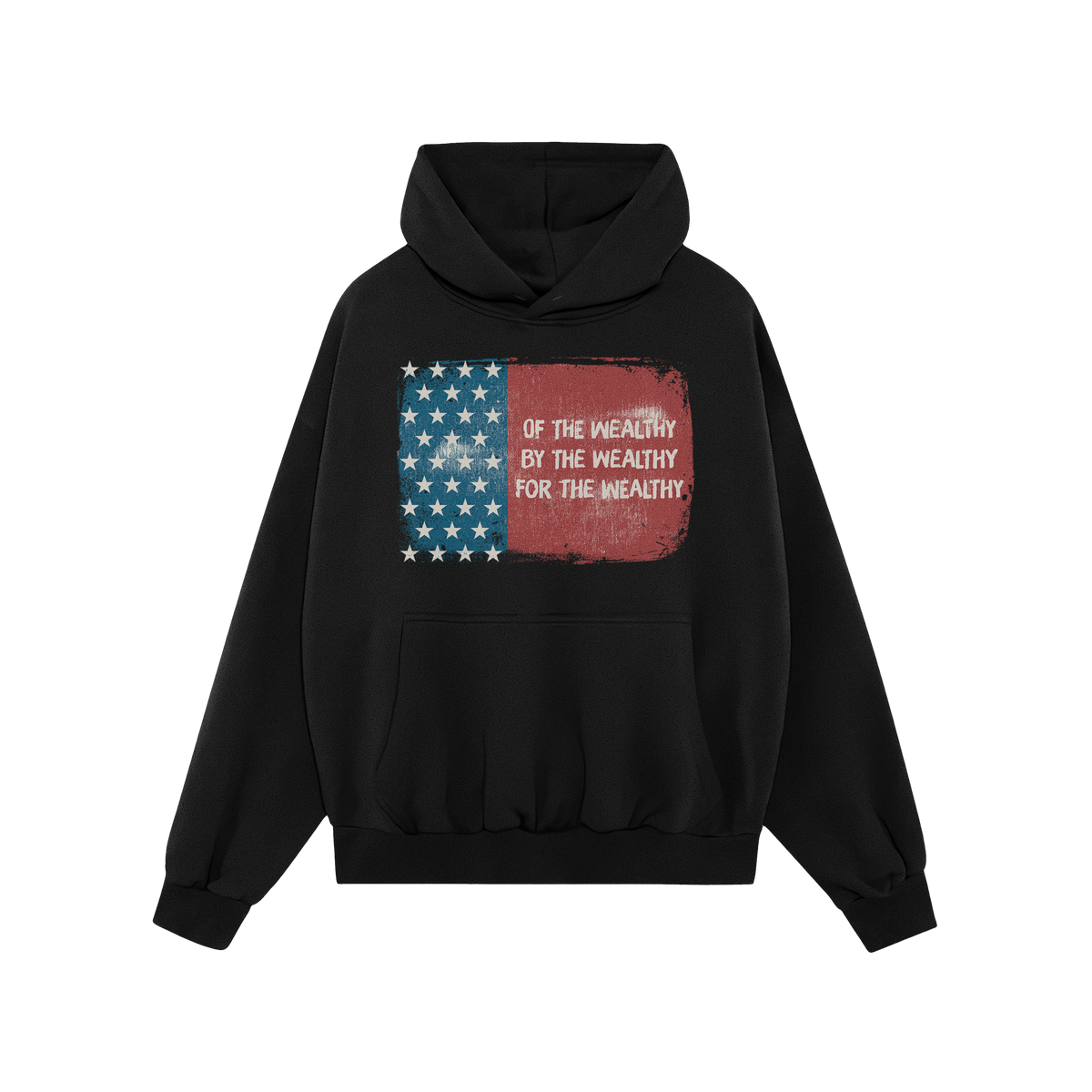 For The Wealthy Hoodie & Sweatshirt features a black design with a two-tone graphic resembling a tattered U.S. flag, critiqui