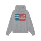 For The Wealthy Hoodie & Sweatshirt features a light-gray pullover with a distressed U.S. flag graphic and bold protest text,