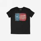 For The Wealthy T-shirt features a black top with a distressed U.S. flag graphic and bold stencil text, OF THE WEALTHY, BY THE WEALTHY, FOR THE WEALTHY, emphasizing protest against economic inequality.