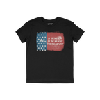 For The Wealthy T-shirt features a black top with a distressed U.S. flag graphic and bold stencil text, OF THE WEALTHY, BY TH