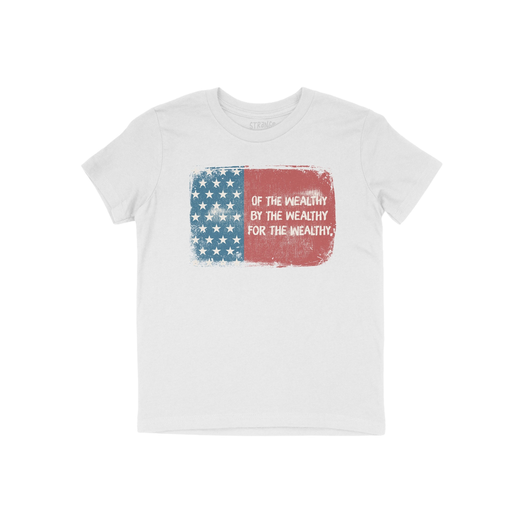 For The Wealthy T-shirt features a distressed USA flag graphic split into blue with stars and red text, emphasizing wealth in