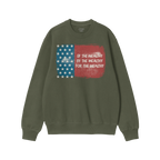 Military-green For The Wealthy Crewneck Sweatshirt featuring a distressed two-panel flag with stars and stripes, and the slog