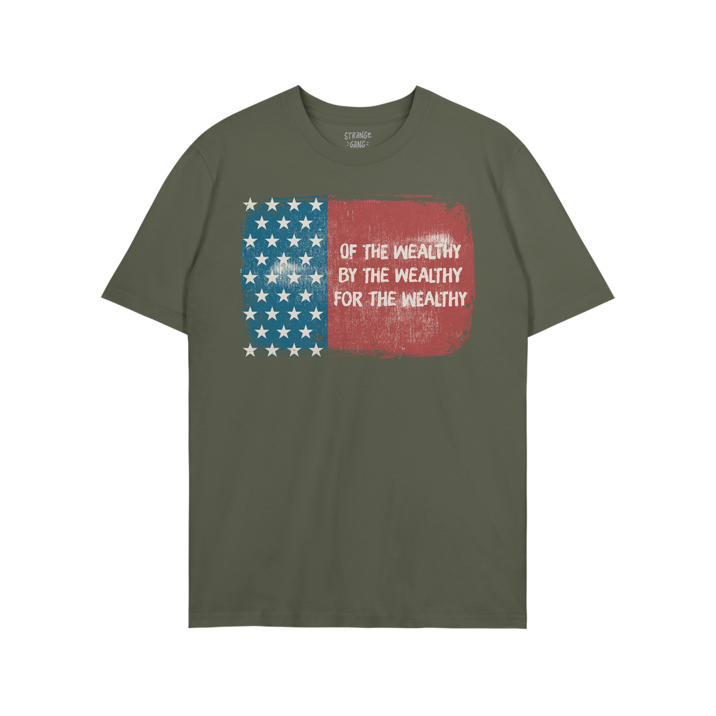 For The Wealthy T-shirt features a distressed U.S. flag graphic with bold text, symbolizing protest against wealth-driven sys