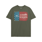 For The Wealthy T-shirt features a distressed U.S. flag graphic with bold text, symbolizing protest against wealth-driven sys