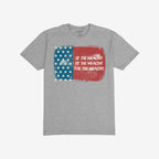 Heather-gray For The Wealthy T-shirt featuring a distressed American flag with a blue stars panel and a red panel with the slogan “Of the wealthy, by the wealthy, for the wealthy.”